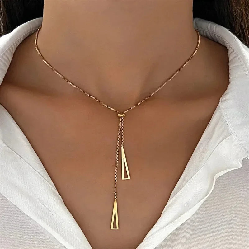 Metal Style Silver Color Triangle Pendant Necklace Fashionable Simple Charm Y Lariat Necklaces for Women Boho Minimalist Jewelry