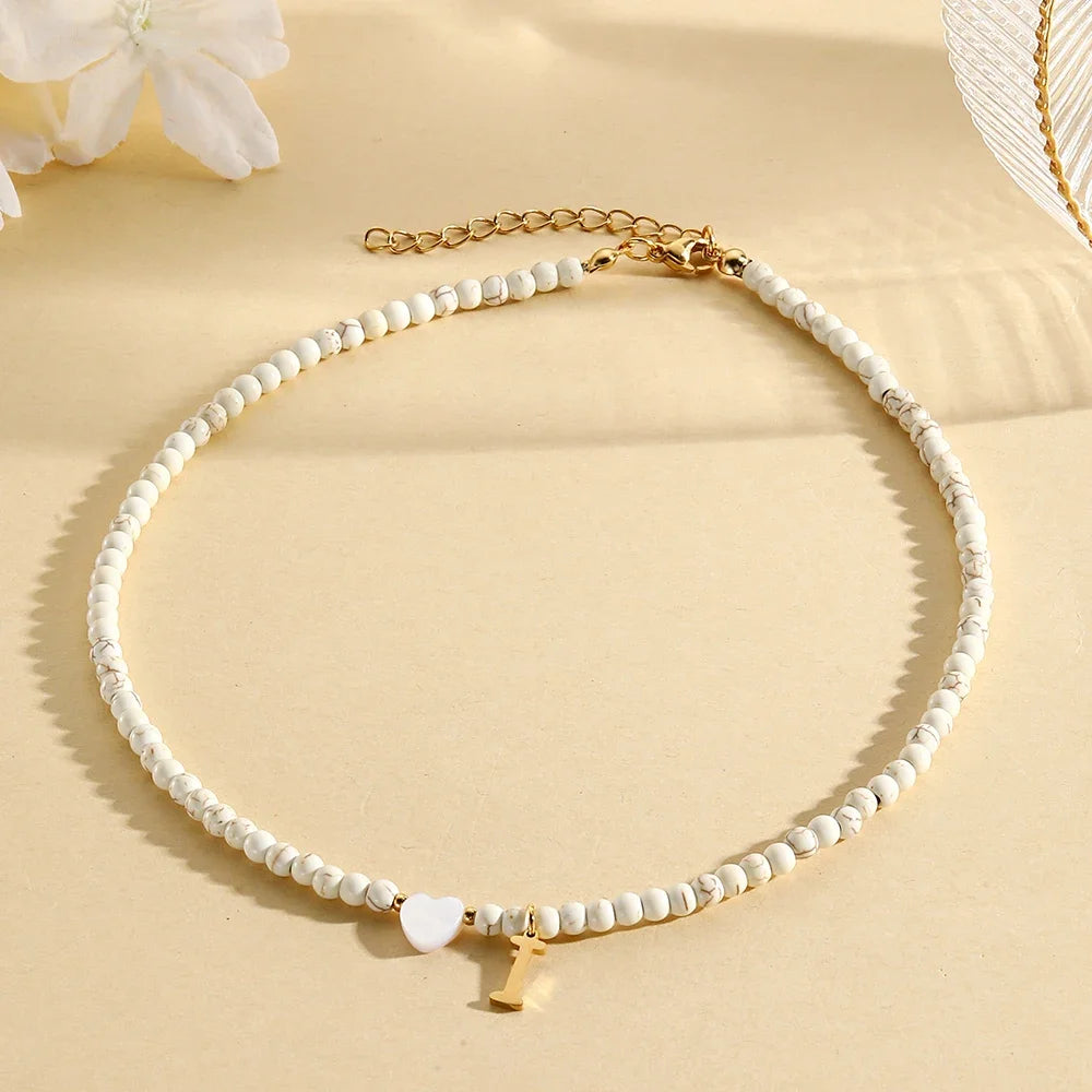 Bohemian Choker Neck Initial Necklaces Heart-Shaped Shell Letter Pendant Beads Women'S Stainless Steel Necklace Woman Trend2024