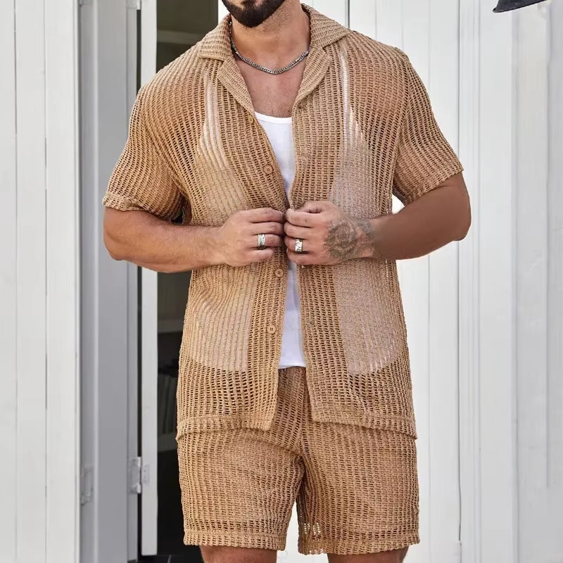 Men'S Suits Solid Color Lapel Short Sleeved Shirt Summer Shorts Casual Fashion Two-Piece Set for Men