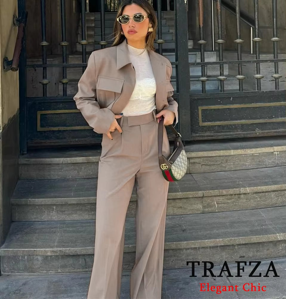 TRAFZA Casual Short Blazer Suit Women Pockets Lapel Jacket with Pants New 2025 Spring Summer Holiday Commuter Blazer Suit