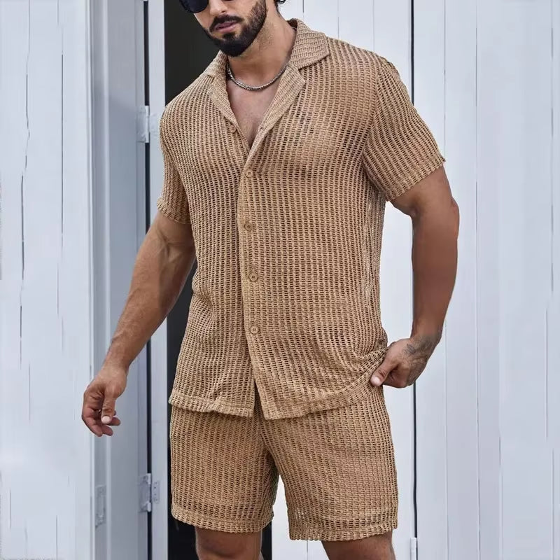 Men'S Suits Solid Color Lapel Short Sleeved Shirt Summer Shorts Casual Fashion Two-Piece Set for Men