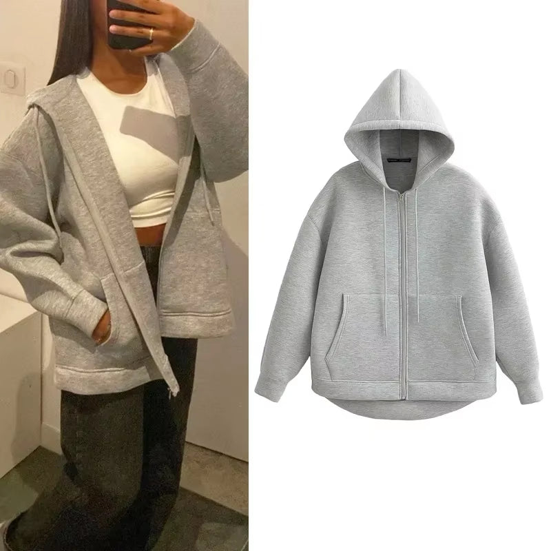 Women's Grey Bomber Varsity Jacket - Spring Autumn Fashion Casual Outerwear with Long Sleeves