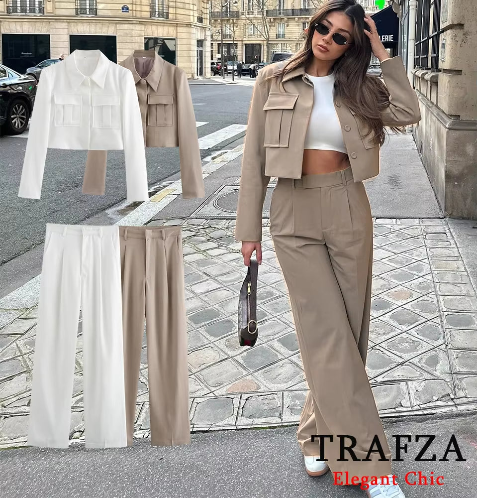 TRAFZA Casual Short Blazer Suit Women Pockets Lapel Jacket with Pants New 2025 Spring Summer Holiday Commuter Blazer Suit